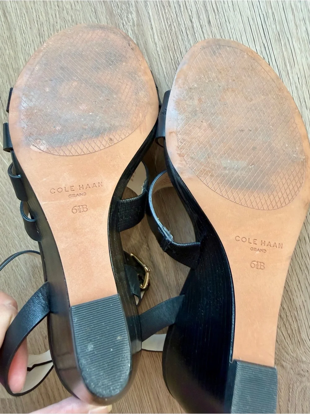 Cole Haan Black Leather Wedge Sandals with Ankle Buckle